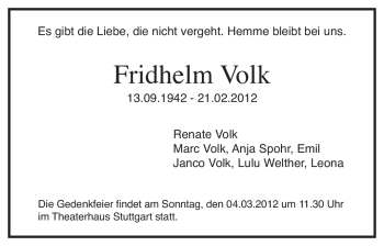 Traueranzeige von Fridhelm Volk von Stuttgarter Zeitung / Stuttgarter Nachrichten