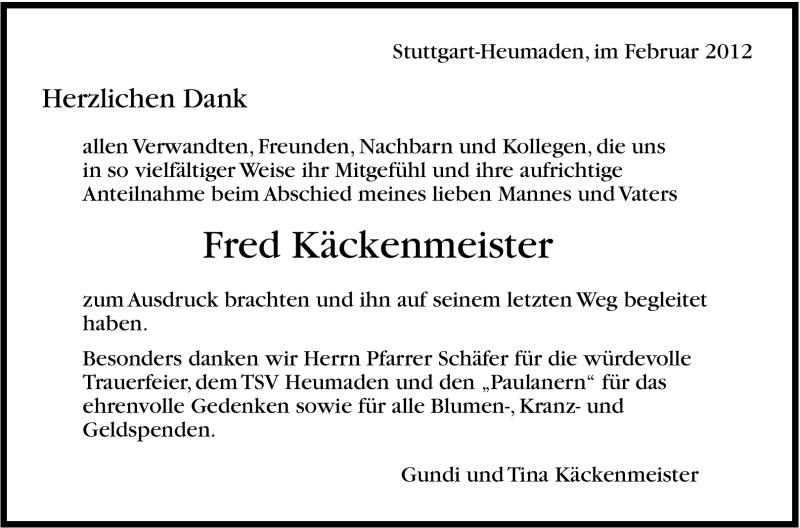  Traueranzeige für Fred Käckenmeister vom 25.02.2012 aus Stuttgarter Zeitung / Stuttgarter Nachrichten