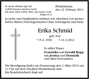 Traueranzeige von Erika Schmid von Marbacher Zeitung