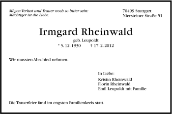 Traueranzeige von Irmgard Rheinwald von Stuttgarter Zeitung / Stuttgarter Nachrichten