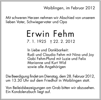 Traueranzeige von Erwin Fehm von Stuttgarter Zeitung / Stuttgarter Nachrichten