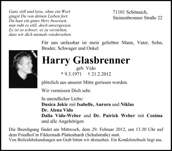 Traueranzeige von Harry Glasbrenner von Stuttgarter Zeitung / Stuttgarter Nachrichten