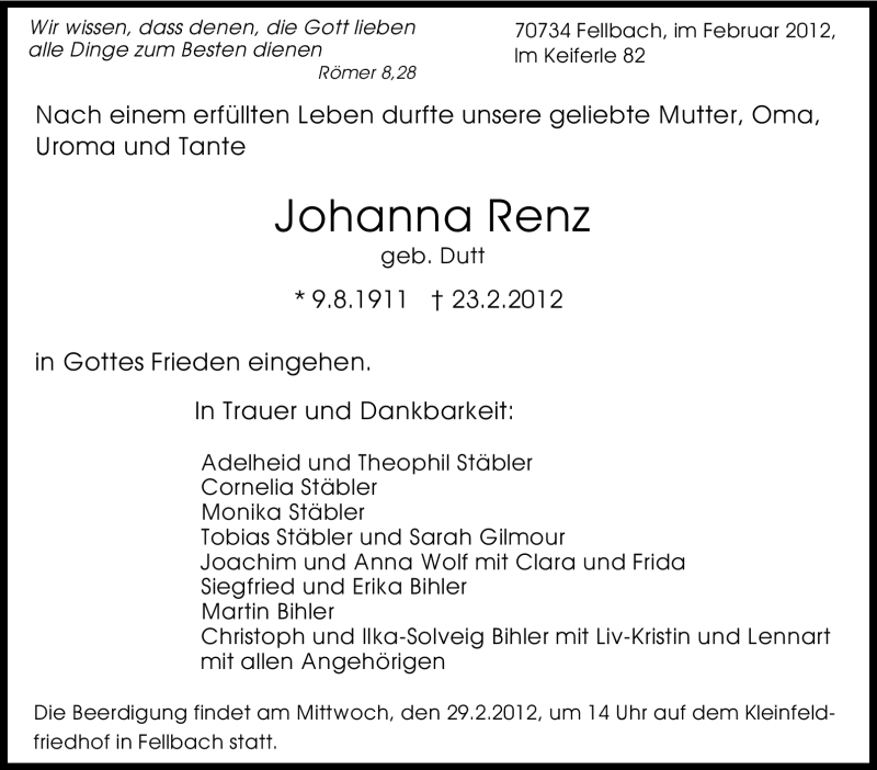  Traueranzeige für Johanna Renz vom 25.02.2012 aus Stuttgarter Zeitung / Stuttgarter Nachrichten