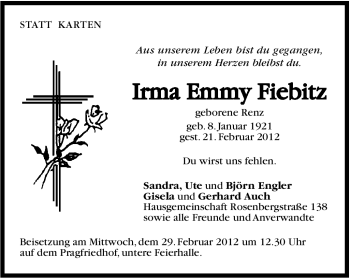 Traueranzeige von Irma Emmy Fiebitz von Stuttgarter Zeitung / Stuttgarter Nachrichten