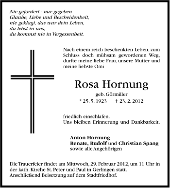 Traueranzeige von Rosa Hornung von Leonberger Kreiszeitung / Strohgäu Extra