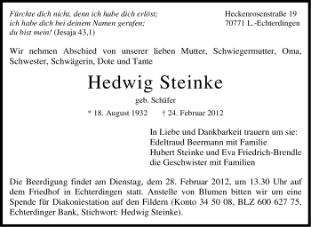 Traueranzeige von Hedwig Steinke von Stuttgarter Zeitung / Stuttgarter Nachrichten