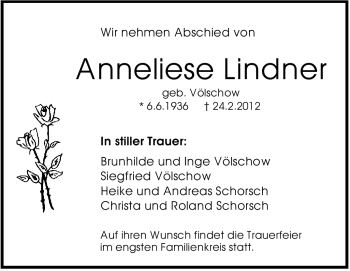Traueranzeige von Anneliese Lindner von Stuttgarter Zeitung / Stuttgarter Nachrichten