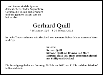 Traueranzeige von Gerhard Quill von Stuttgarter Zeitung / Stuttgarter Nachrichten