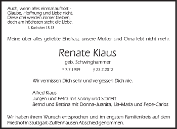 Traueranzeige von Renate Klaus von Stuttgarter Zeitung / Stuttgarter Nachrichten