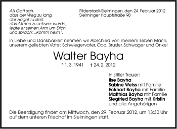 Traueranzeige von Walter Bayha von Stuttgarter Zeitung / Stuttgarter Nachrichten