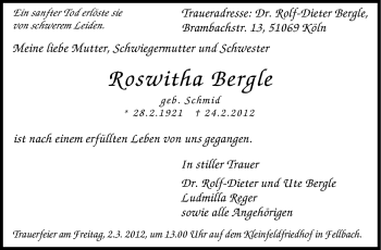 Traueranzeige von Roswitha Bergle von Stuttgarter Zeitung / Stuttgarter Nachrichten