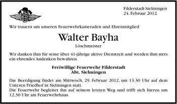Traueranzeige von Walter Bayha von Stuttgarter Zeitung / Stuttgarter Nachrichten