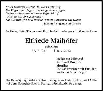 Traueranzeige von Elfriede Maihöfer von Stuttgarter Zeitung / Stuttgarter Nachrichten