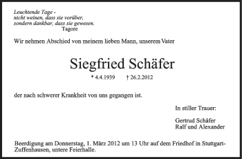 Traueranzeige von Siegfried Schäfer von Stuttgarter Zeitung / Stuttgarter Nachrichten