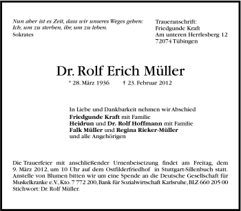 Traueranzeige von Rolf Erich Müller von Stuttgarter Zeitung / Stuttgarter Nachrichten