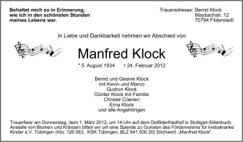 Traueranzeige von Manfred Klock von Stuttgarter Zeitung / Stuttgarter Nachrichten