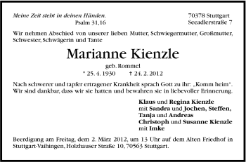 Traueranzeige von Marianne Kienzle von Stuttgarter Zeitung / Stuttgarter Nachrichten