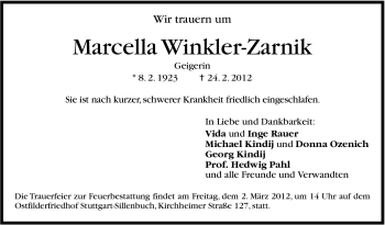 Traueranzeige von Marcella Winkler-Zarnik von Stuttgarter Zeitung / Stuttgarter Nachrichten