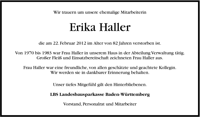 Traueranzeige für Erika Haller vom 28.02.2012 aus Stuttgarter Zeitung / Stuttgarter Nachrichten