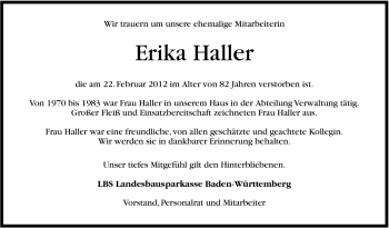 Traueranzeige von Erika Haller von Stuttgarter Zeitung / Stuttgarter Nachrichten