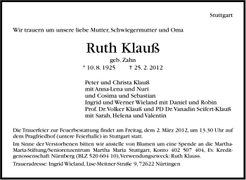 Traueranzeige von Ruth Klauß von Stuttgarter Zeitung / Stuttgarter Nachrichten