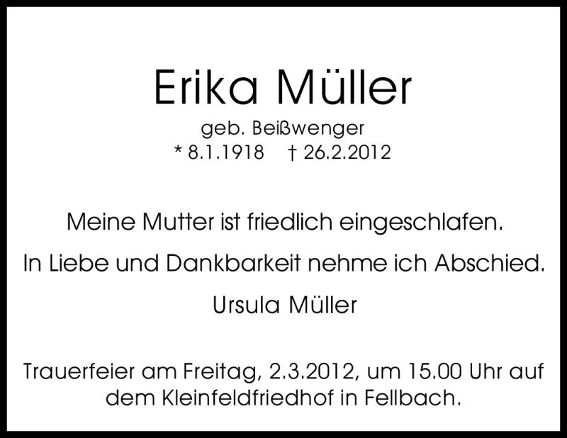  Traueranzeige für Erika Müller vom 28.02.2012 aus Stuttgarter Zeitung / Stuttgarter Nachrichten