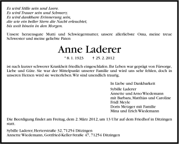 Traueranzeige von Anne Laderer von Leonberger Kreiszeitung / Strohgäu Extra