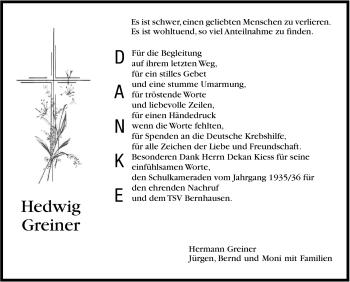 Traueranzeige von Hedwig Greiner von Stuttgarter Zeitung / Stuttgarter Nachrichten