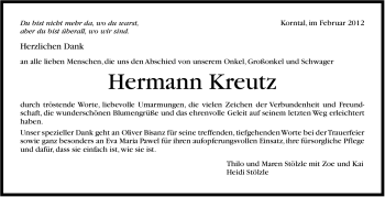 Traueranzeige von Hermann Kreutz von Stuttgarter Zeitung / Stuttgarter Nachrichten