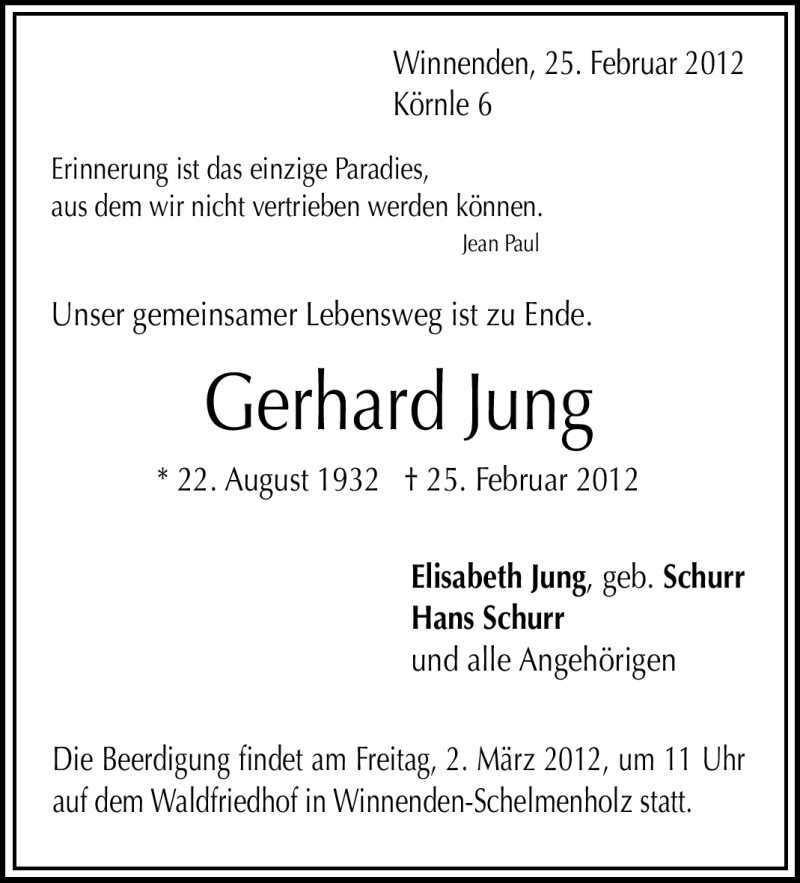  Traueranzeige für Gerhard Jung vom 29.02.2012 aus Stuttgarter Zeitung / Stuttgarter Nachrichten