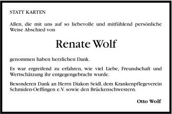 Traueranzeige von Renate Wolf von Stuttgarter Zeitung / Stuttgarter Nachrichten