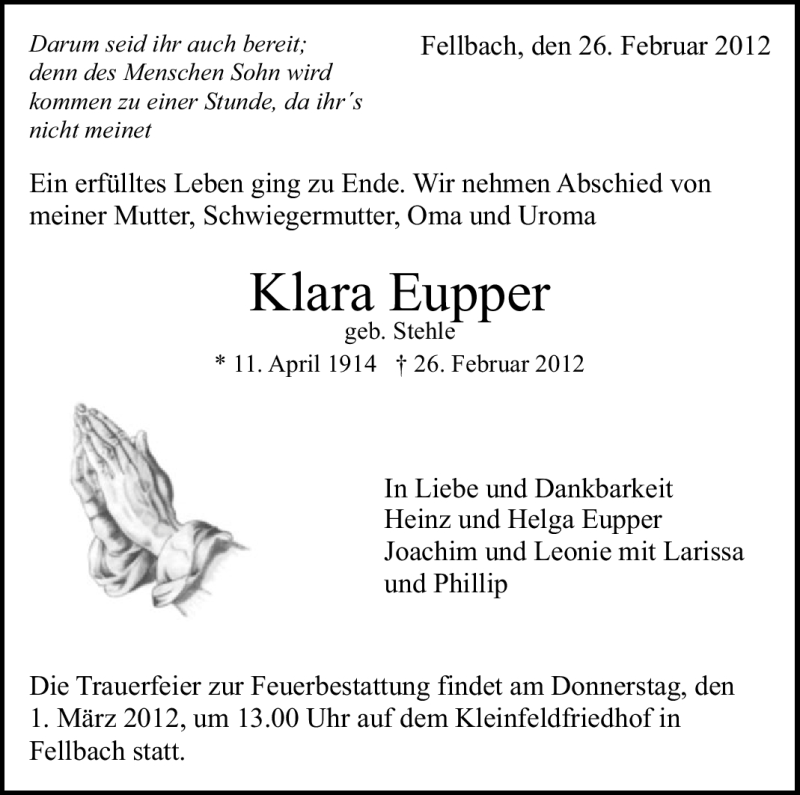  Traueranzeige für Klara Eupper vom 29.02.2012 aus Stuttgarter Zeitung / Stuttgarter Nachrichten