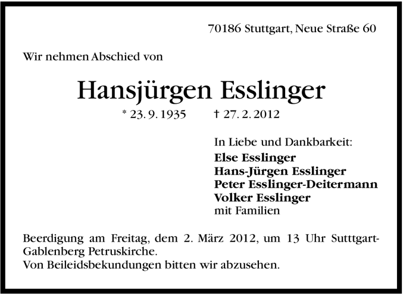  Traueranzeige für Hansjürgen Esslinger vom 29.02.2012 aus Stuttgarter Zeitung / Stuttgarter Nachrichten
