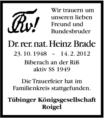 Traueranzeige von Heinz Brade von Stuttgarter Zeitung / Stuttgarter Nachrichten