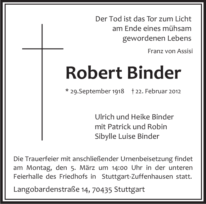 Traueranzeige für Robert Binder vom 29.02.2012 aus Stuttgarter Zeitung / Stuttgarter Nachrichten