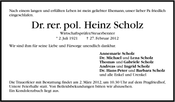 Traueranzeige von Heinz Scholz von Stuttgarter Zeitung / Stuttgarter Nachrichten