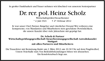 Traueranzeige von Heinz Scholz von Stuttgarter Zeitung / Stuttgarter Nachrichten