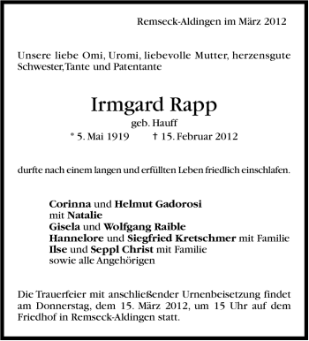 Traueranzeige von Irmgard Rapp von Stuttgarter Zeitung / Stuttgarter Nachrichten