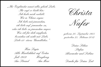 Traueranzeige von Christa Nufer von Stuttgarter Zeitung / Stuttgarter Nachrichten