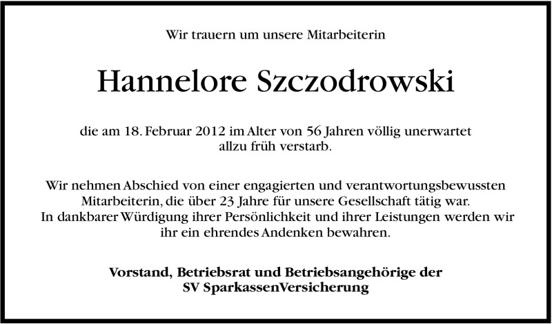  Traueranzeige für Hannelore Szczodrowski vom 05.03.2012 aus Stuttgarter Zeitung / Stuttgarter Nachrichten