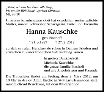 Traueranzeige von Hanna Kauschke von Stuttgarter Zeitung / Stuttgarter Nachrichten