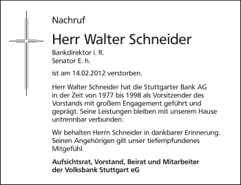 Traueranzeige von Walter Schneider von Stuttgarter Zeitung / Stuttgarter Nachrichten
