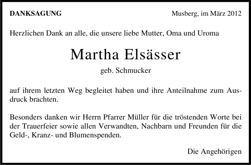  Traueranzeige für Martha Elsässer vom 02.03.2012 aus Stuttgarter Zeitung / Stuttgarter Nachrichten