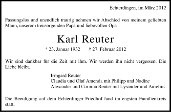 Traueranzeige von Karl Reuter von Stuttgarter Zeitung / Stuttgarter Nachrichten