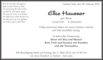 Traueranzeige von Elke Hausser von Stuttgarter Zeitung / Stuttgarter Nachrichten