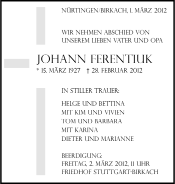 Traueranzeige von Johann Ferentuik von Stuttgarter Zeitung / Stuttgarter Nachrichten