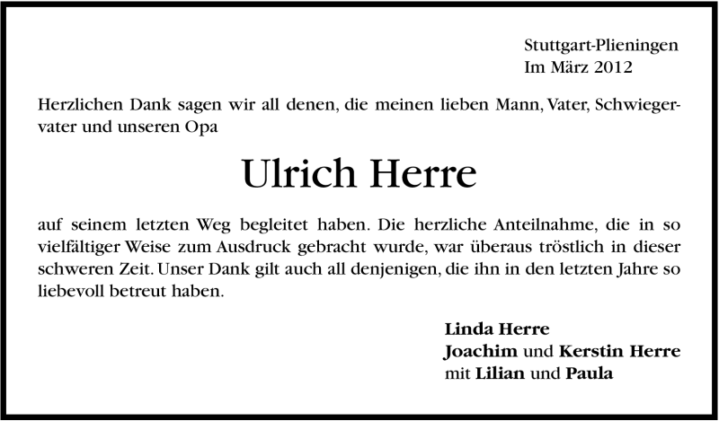  Traueranzeige für Ulrich Herre vom 02.03.2012 aus Stuttgarter Zeitung / Stuttgarter Nachrichten