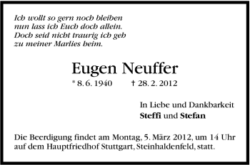 Traueranzeige von Eugen Neuffer von Stuttgarter Zeitung / Stuttgarter Nachrichten