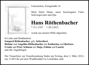 Traueranzeige von Hans Röthenbacher von Stuttgarter Zeitung / Stuttgarter Nachrichten