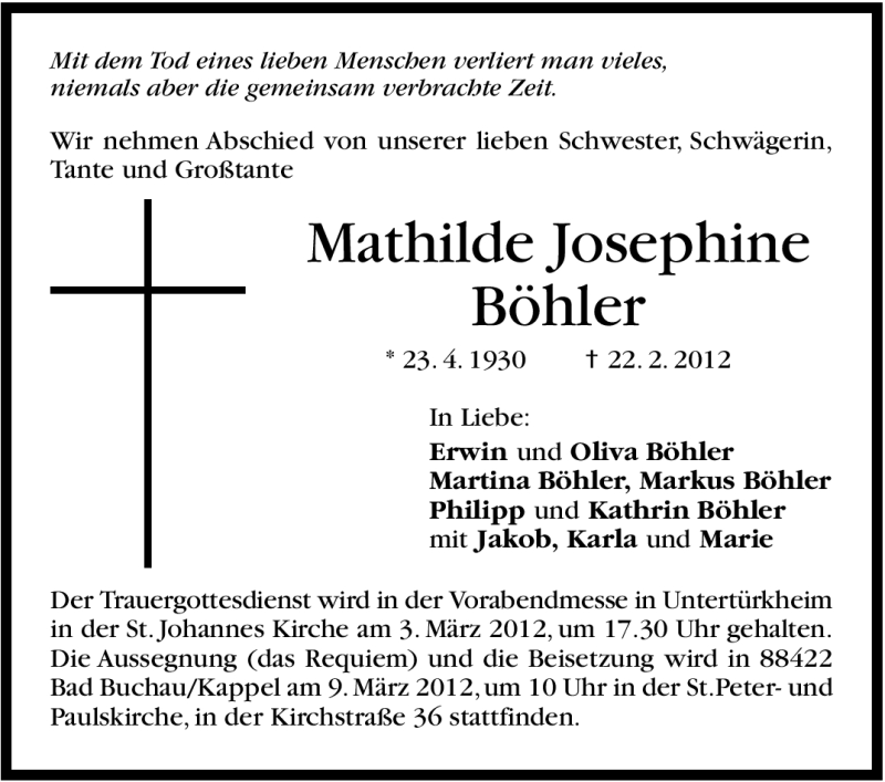  Traueranzeige für Mathilde Josephine Böhler vom 01.03.2012 aus Stuttgarter Zeitung / Stuttgarter Nachrichten